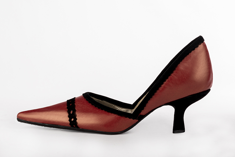 Cardinal red and matt black women's open arch dress pumps. Pointed toe. Medium spool heels. Profile view - Florence KOOIJMAN